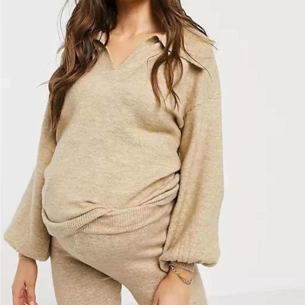 Asos Design Maternity Collar V-Neck Puff Sleeves Sweater